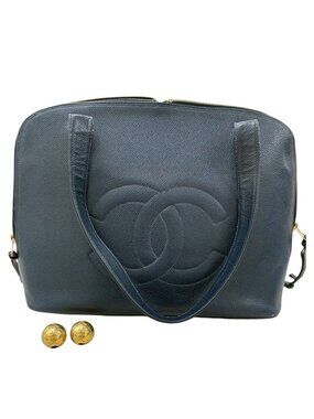 Chanel Big CC Logo Navy Gold Leather Tote Bag